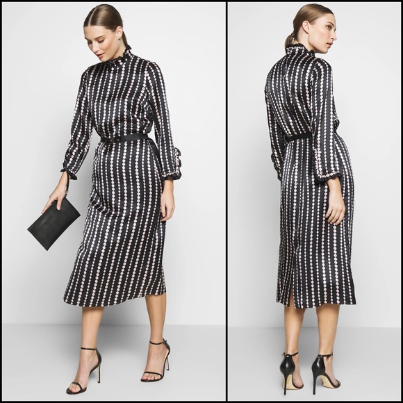 Kate Spade 100% Silk Pearl Strands Print High Ruffle Neck Snap Midi Dress - Picture 3 of 12